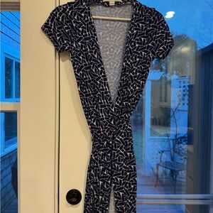 DianeVon Furstenberg Navy Blue and White Geometric Wrap Dress